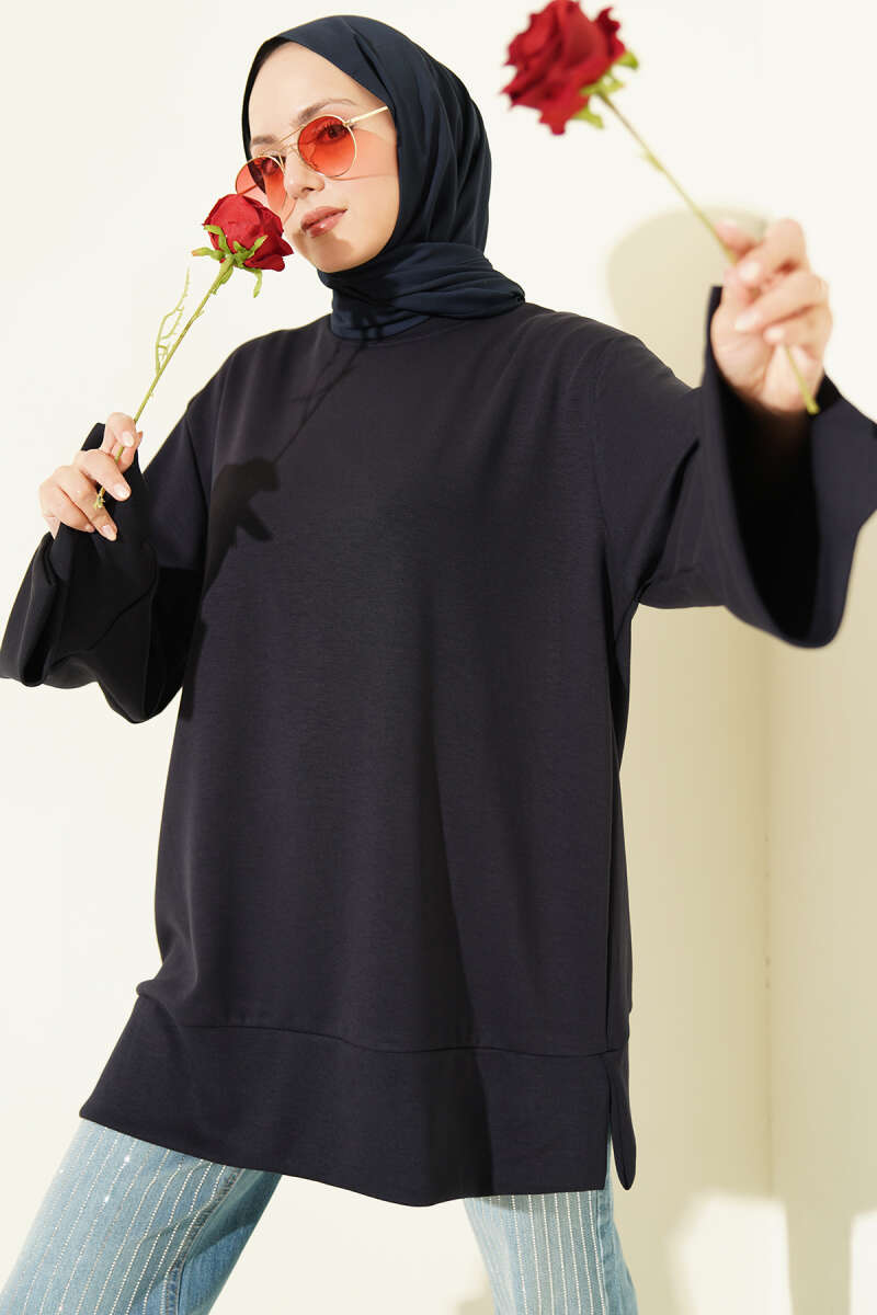 Ribbed Crew Neck Tunic with Slit Detail Navy Blue
