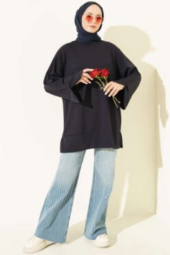 Alternative view of Ribbed Crew Neck Tunic with Slit Detail Navy Blue