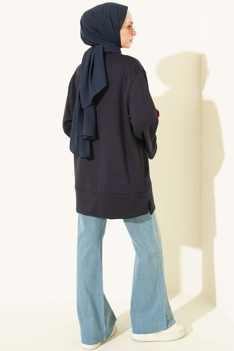 Ribbed Crew Neck Tunic with Slit Detail Navy Blue - Afbeelding 3