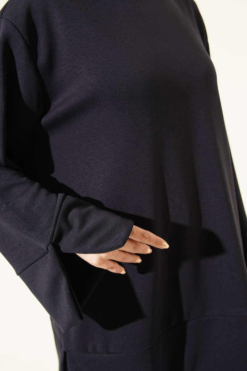 Ribbed Crew Neck Tunic with Slit Detail Navy Blue - Afbeelding 4