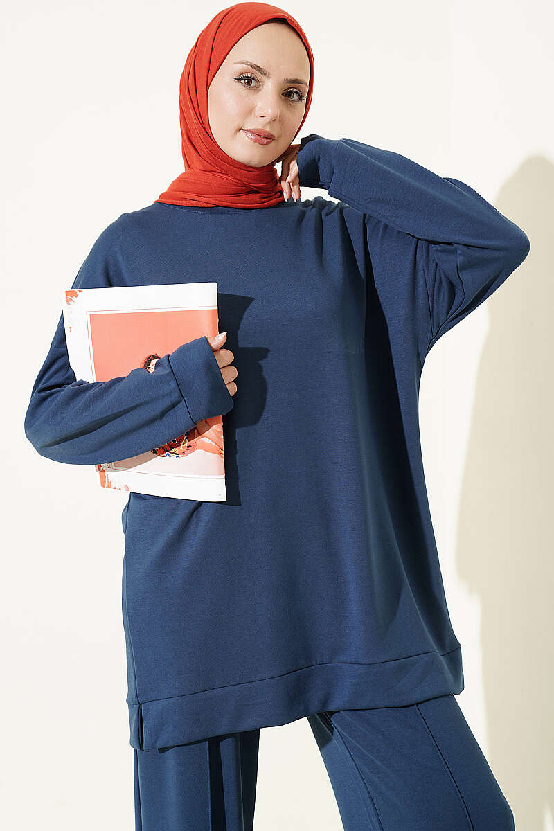 Round Neck Basic Two-Piece Set with Side Slits Navy Blue - الصورة 2