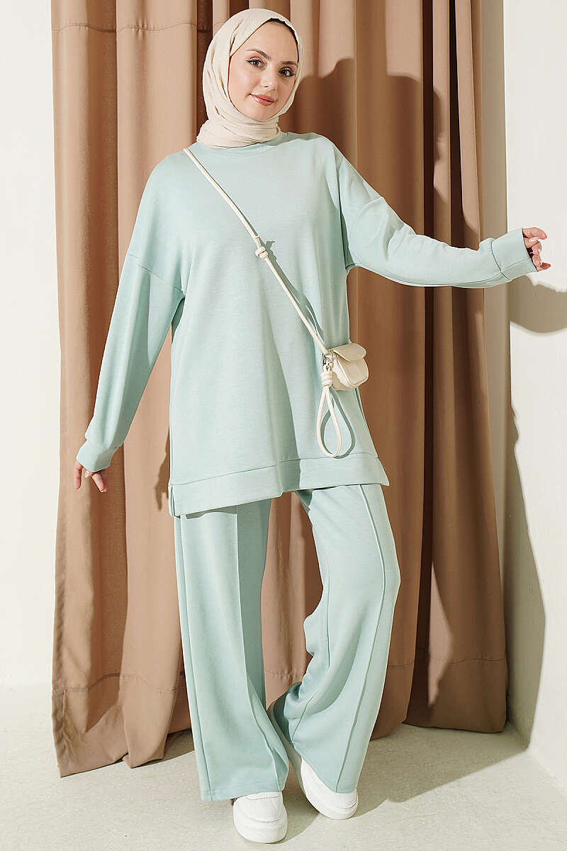 Round Neck Basic Two-Piece Set with Side Slits Aqua Green