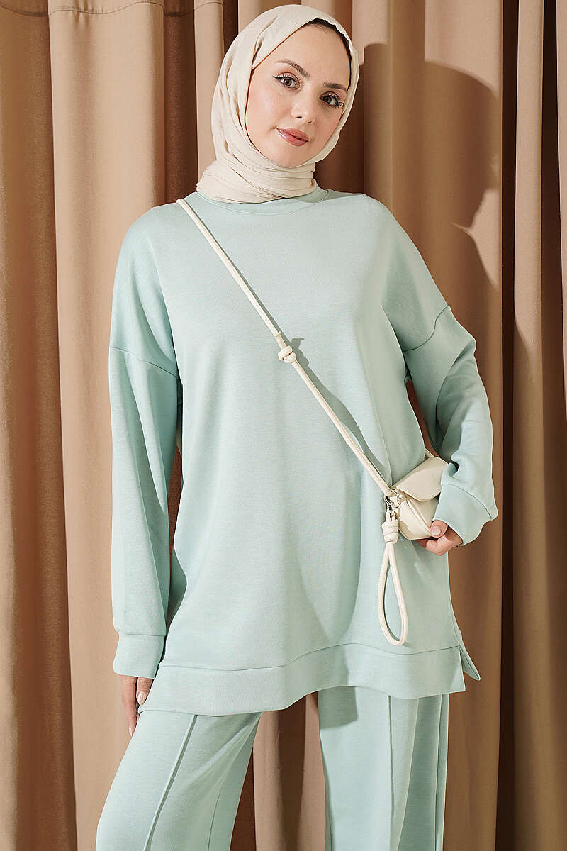 Round Neck Basic Two-Piece Set with Side Slits Aqua Green - الصورة 2