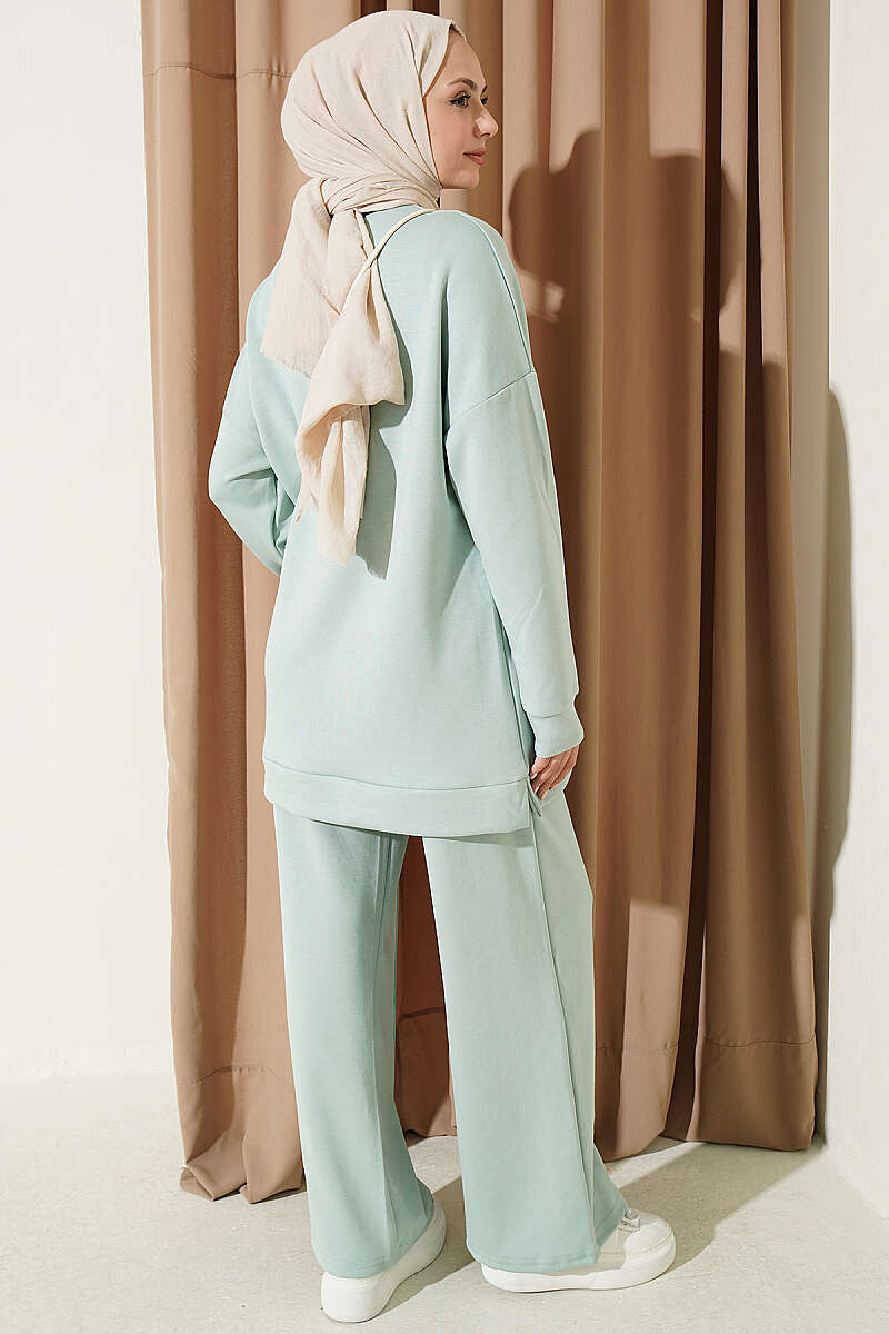 Round Neck Basic Two-Piece Set with Side Slits Aqua Green - الصورة 3