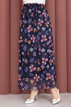 Alternative view of Bohemian Style Floral Elastic Waist Chiffon Tulle Skirt Navy Blue