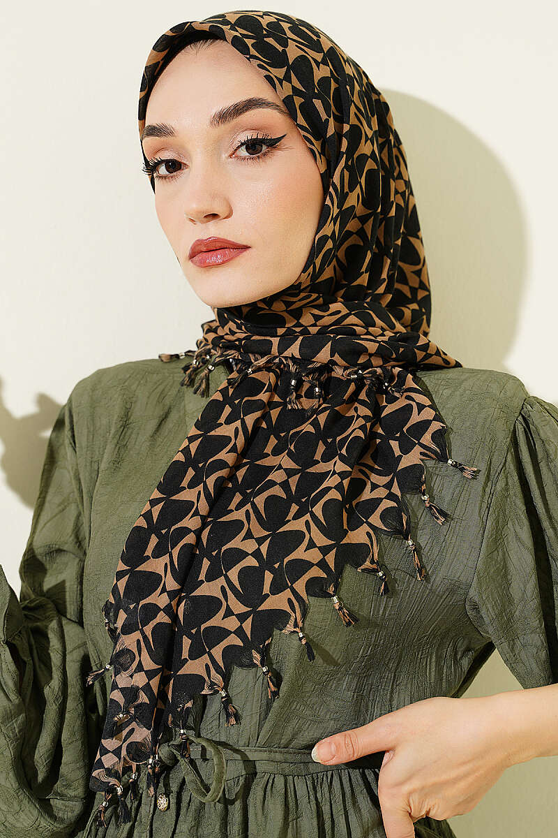 Beaded Detail Patterned Scarf Black