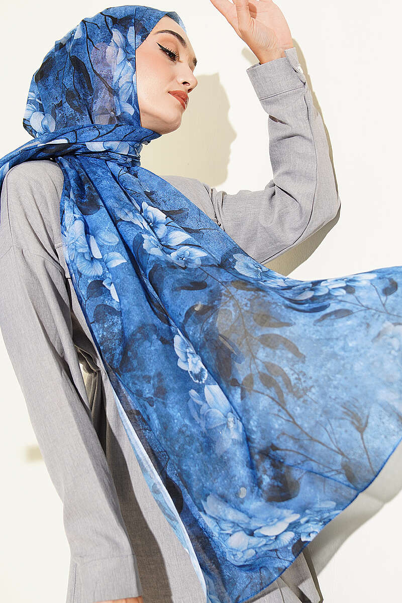 Botanical Floral Pattern Bamboo Shawl Navy Blue