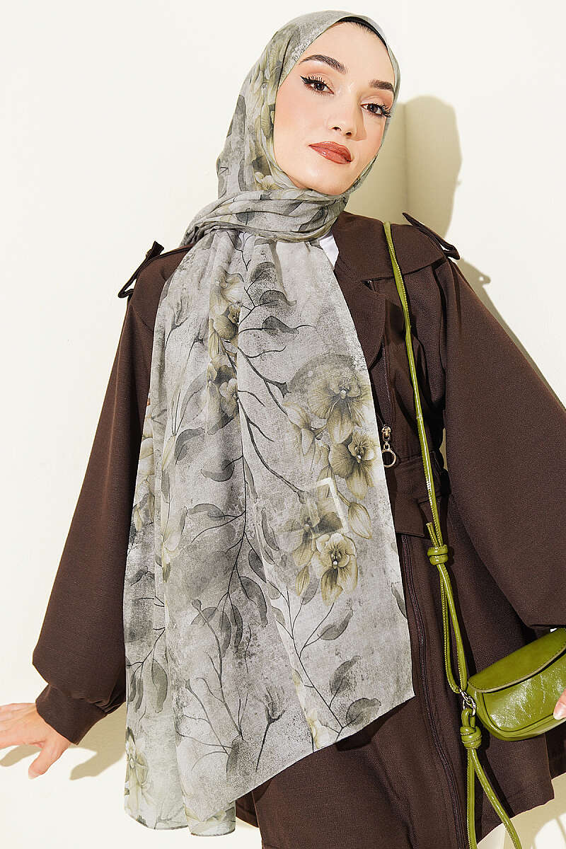 Botanical Floral Pattern Bamboo Shawl Oil Green