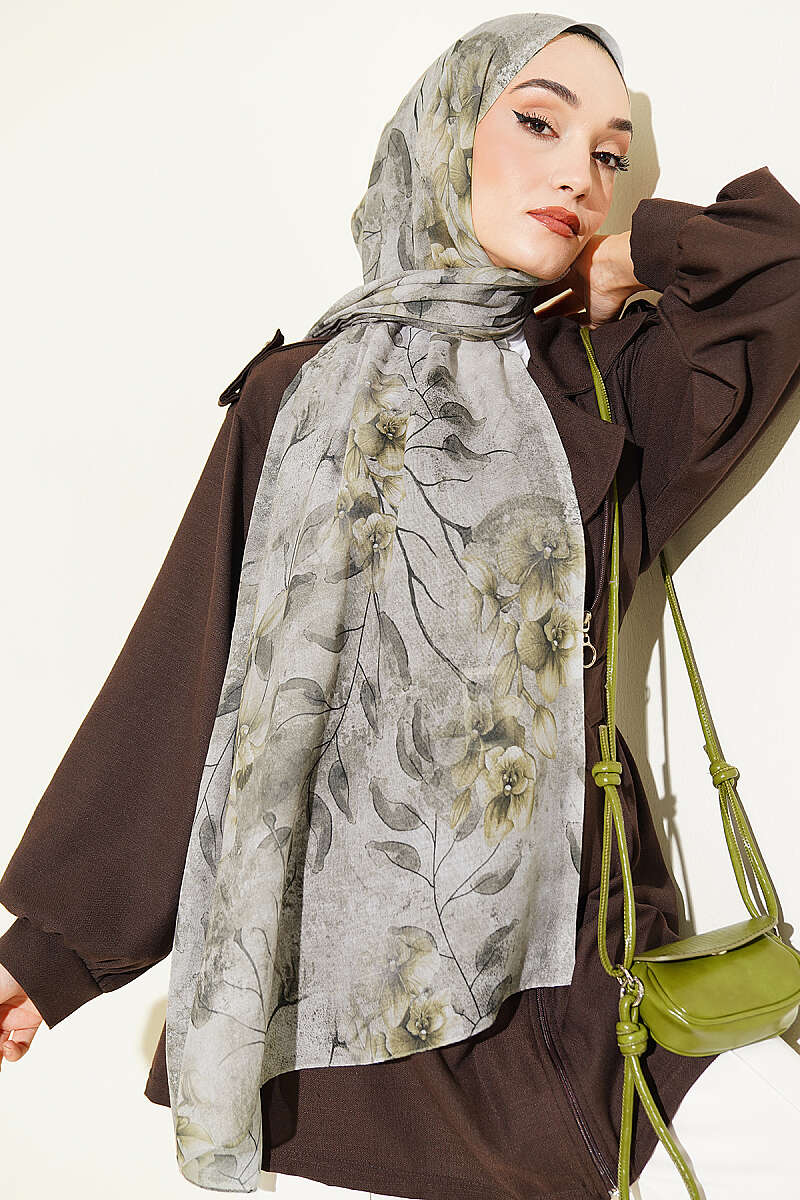 Botanical Floral Pattern Bamboo Shawl Oil Green - Image 2