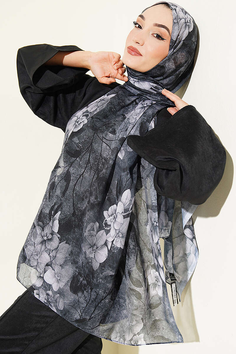 Botanical Floral Pattern Bamboo Shawl Black