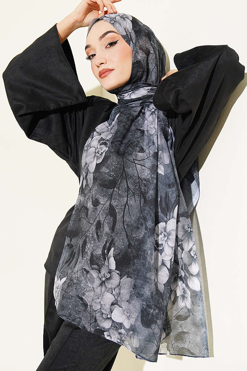 Botanical Floral Pattern Bamboo Shawl Black - Image 2