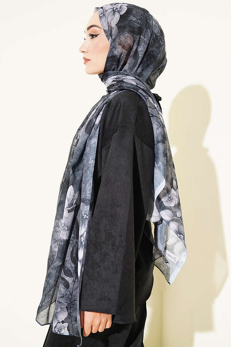 Botanical Floral Pattern Bamboo Shawl Black - Image 3