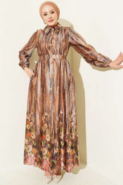 Button-Front Patterned Velvet Dress Camel
