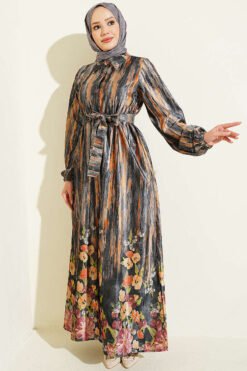 Button-Front Patterned Velvet Dress Smoke