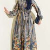 Button-Front Patterned Velvet Dress Blue