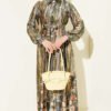 Button-Front Patterned Velvet Dress Green