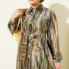 Button-Front Patterned Velvet Dress Green - Image 2