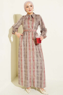 Button-Down Plaid Velvet Dress Beige