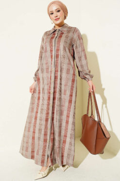 Button-Down Plaid Velvet Dress Tan