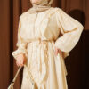 ⁦Buttoned Ruffled Dress with Tie Belt Beige⁩ - الصورة ⁦2⁩