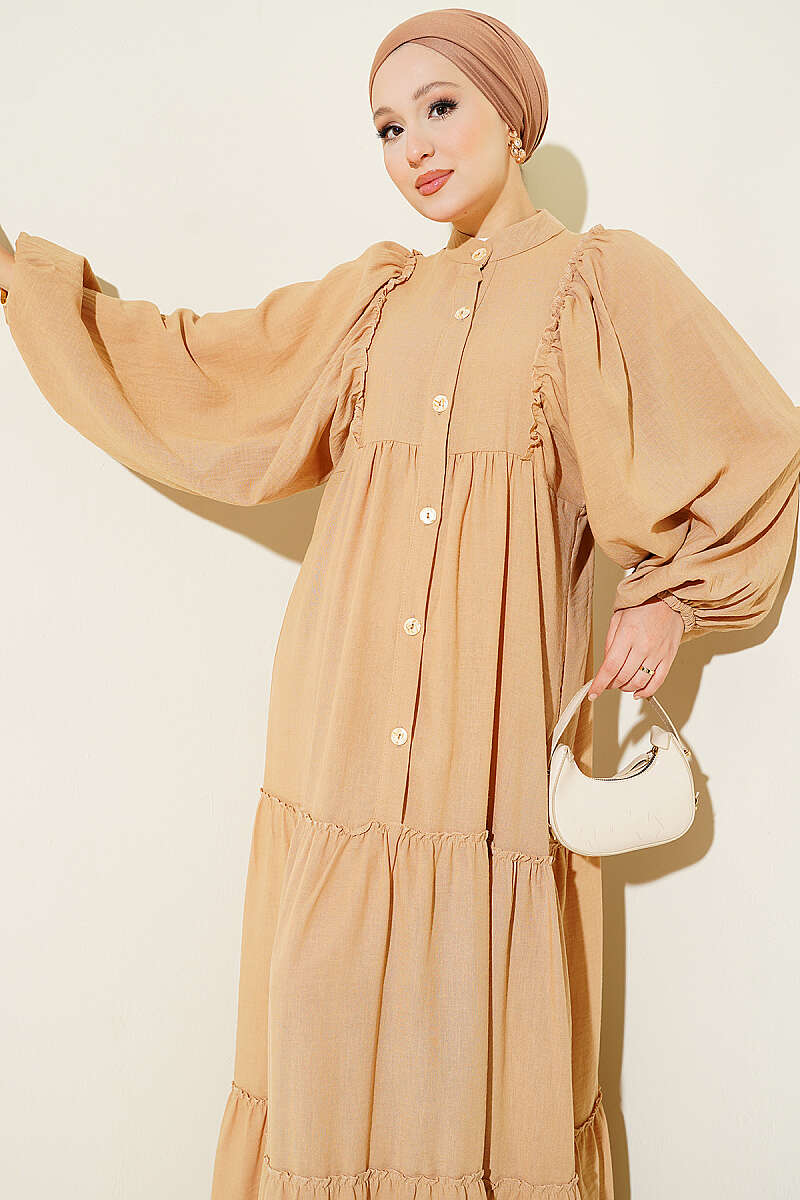 Button-Up Tiered Dress Beige