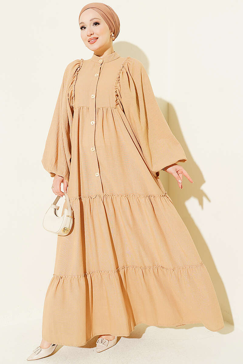Button-Up Tiered Dress Beige – Bild 2
