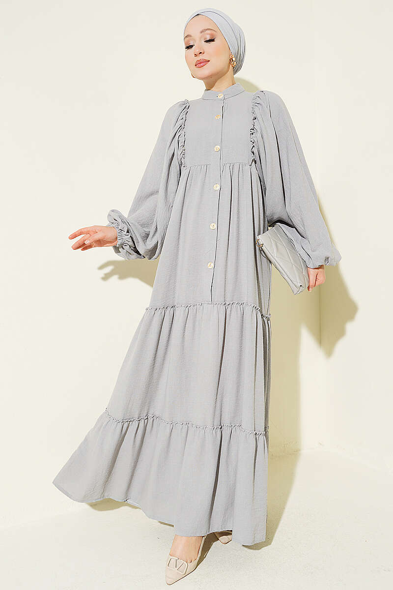 Button-Up Tiered Dress Grey