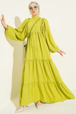 Button-Up Tiered Dress Oil Green