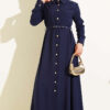Buttoned Belted Tencel Dress Navy Blue