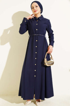 Buttoned Belted Tencel Dress Navy Blue