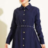 Buttoned Belted Tencel Dress Navy Blue - الصورة 2