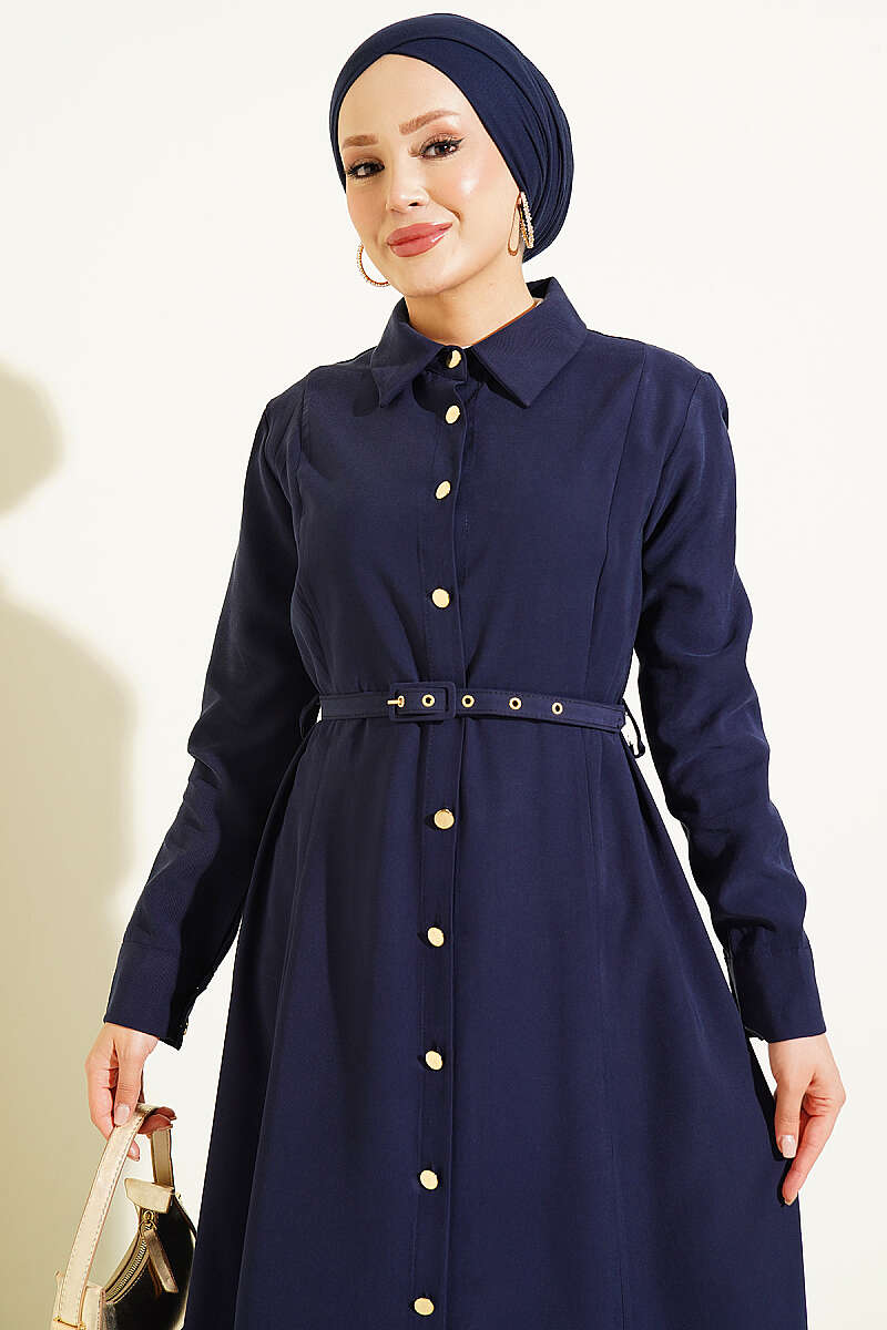 Buttoned Belted Tencel Dress Navy Blue - الصورة 2