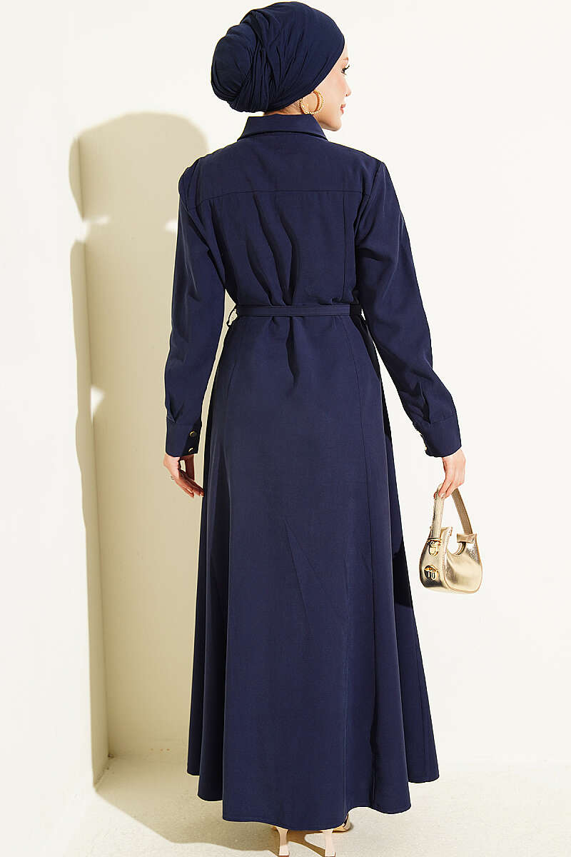 Buttoned Belted Tencel Dress Navy Blue - الصورة 3