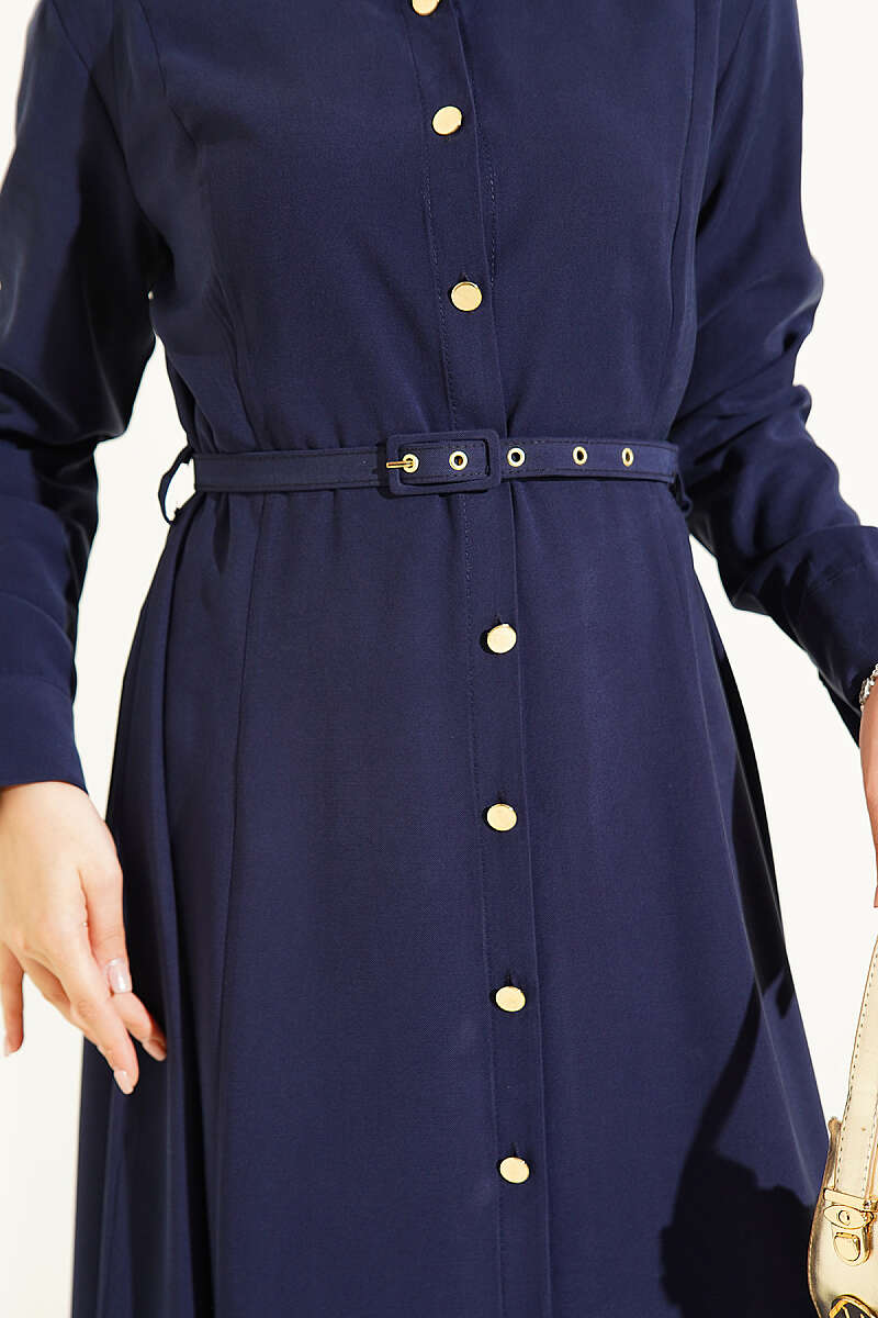 Buttoned Belted Tencel Dress Navy Blue - الصورة 4