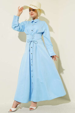 Buttoned Corset Detailed Dress Baby Blue