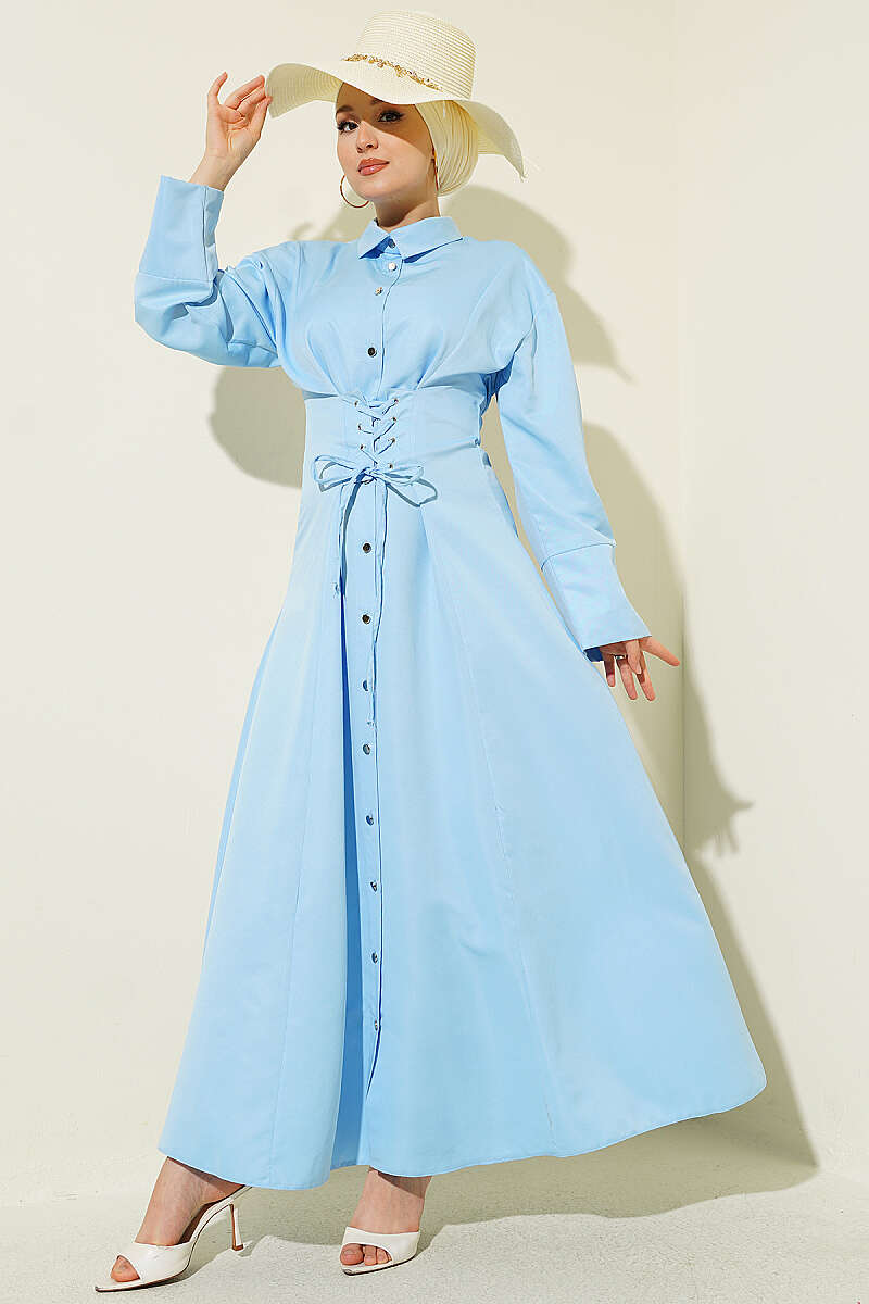 Buttoned Corset Detailed Dress Baby Blue