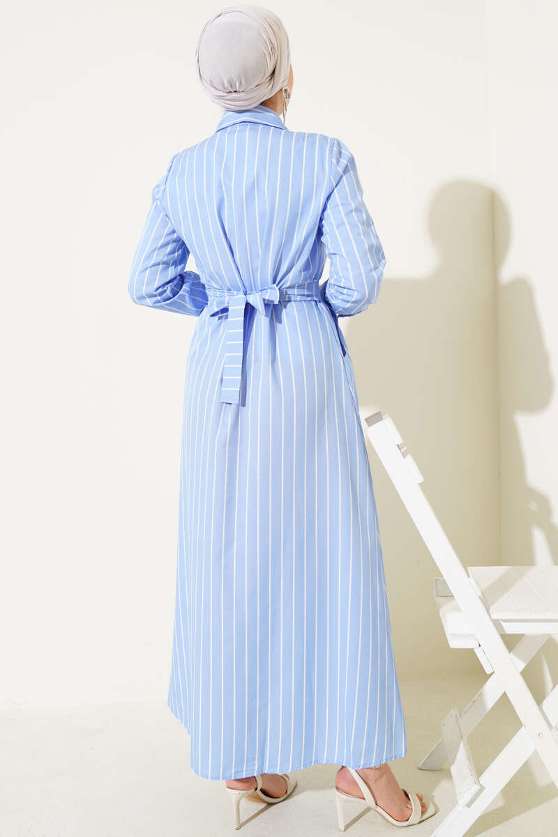 Striped Belted Button Dress Ice Blue - الصورة 3