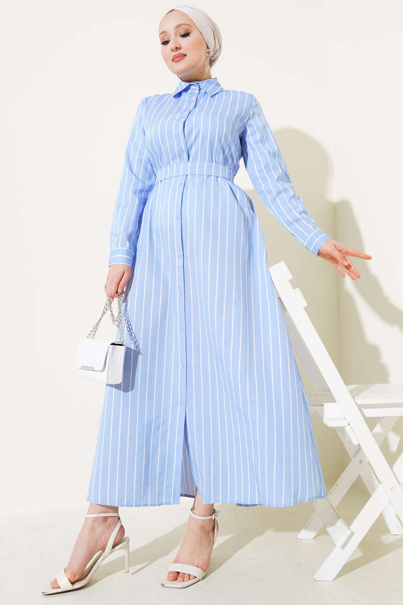 Striped Belted Button Dress Ice Blue