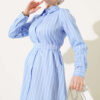 Striped Belted Button Dress Ice Blue - الصورة 2