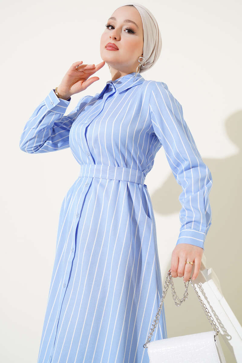 Striped Belted Button Dress Ice Blue - الصورة 2