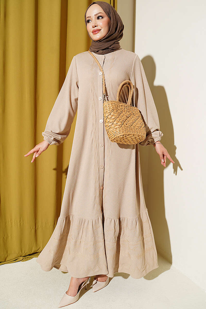 Button-Down Embroidered Detail Dress Beige