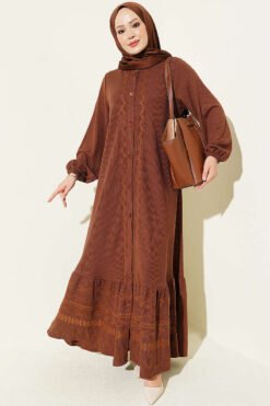 Button-Down Embroidered Detail Dress Brown