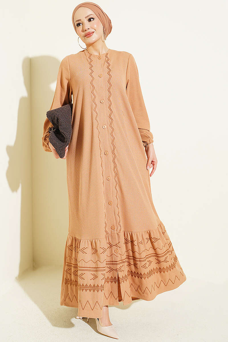 Button-Down Embroidered Detail Dress Latte
