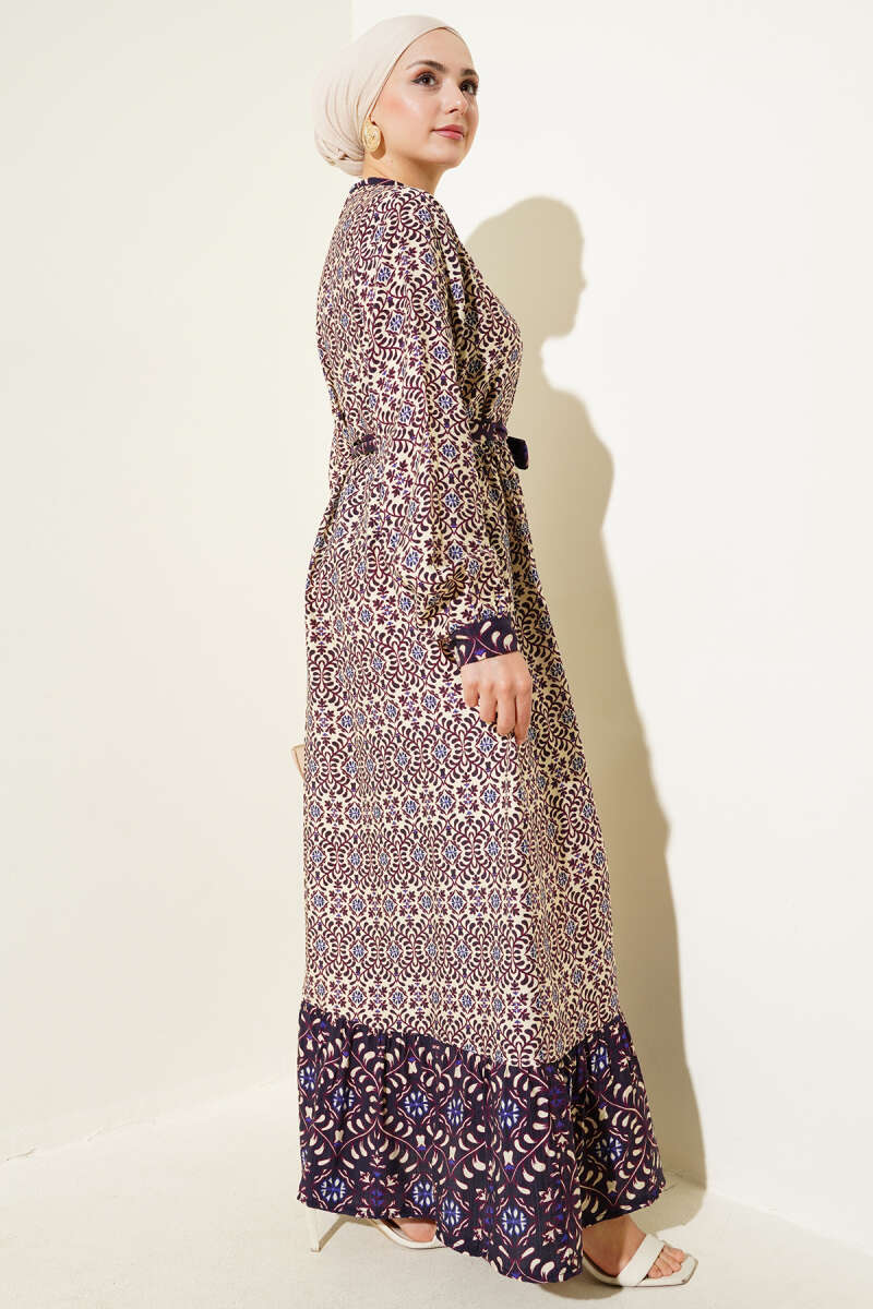 Buttoned Retro Pattern Dress Purple - الصورة 3