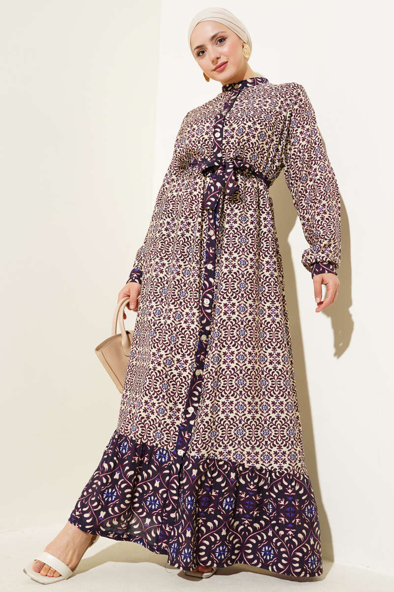 Buttoned Retro Pattern Dress Purple