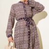 Buttoned Retro Pattern Dress Purple - الصورة 2