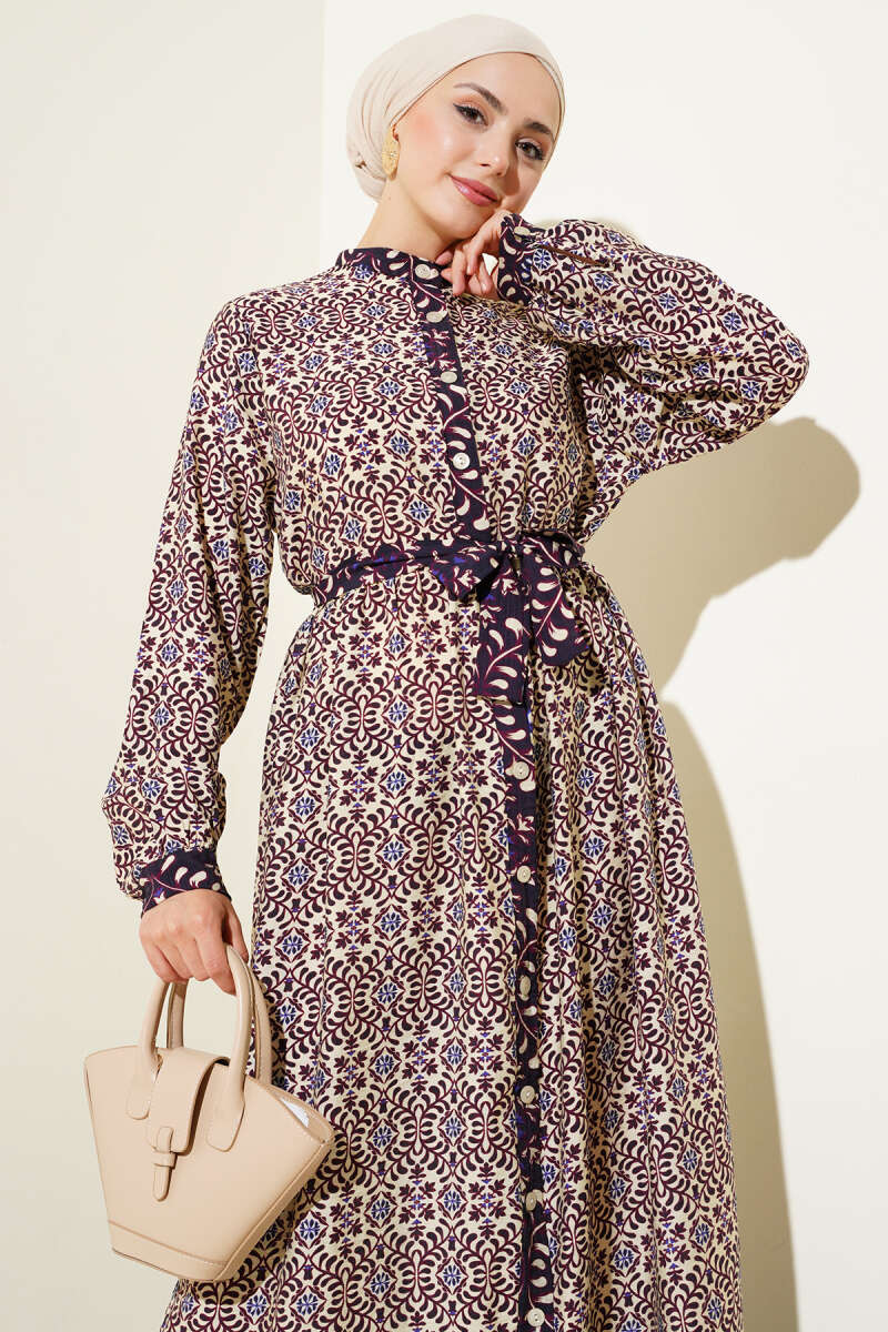 Buttoned Retro Pattern Dress Purple - الصورة 2
