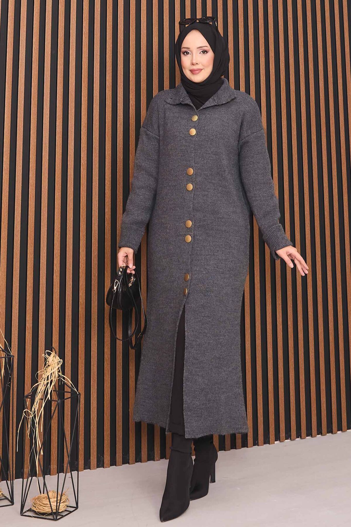 Full-Length Gold Buttoned Modest Knit Cardigan Anthracite