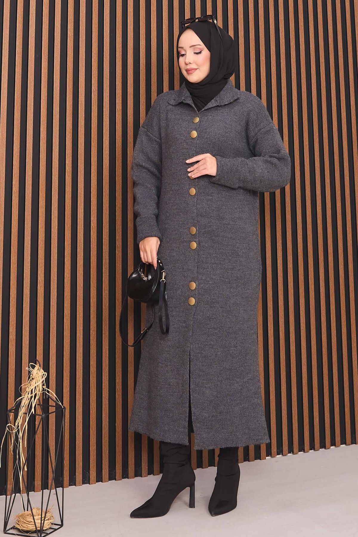 Full-Length Gold Buttoned Modest Knit Cardigan Anthracite - Image 3