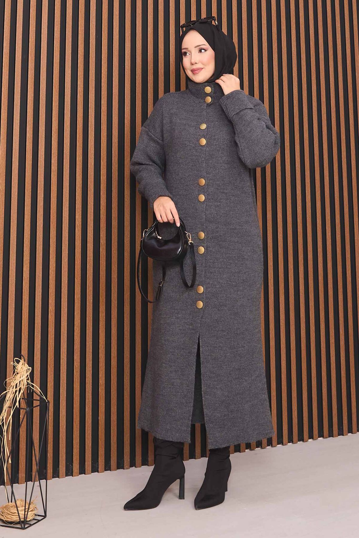 Full-Length Gold Buttoned Modest Knit Cardigan Anthracite - Image 4